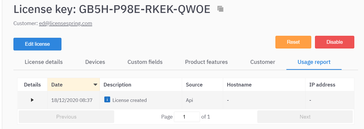 FastSpring Webhook events will be found under a license's "Usage report" on LicenseSpring